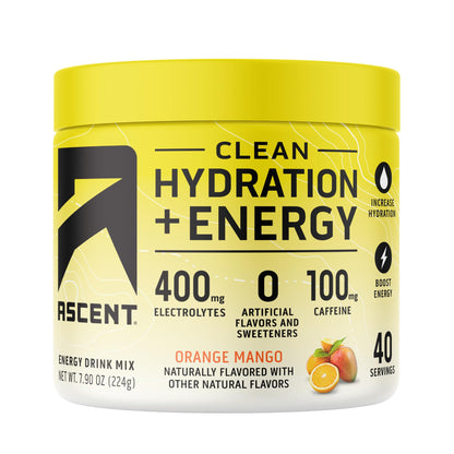 Ascent Clean Hydration + Energy Electrolytes Powder - 100mg Caffeine, 400mg Electrolytes, No Artificial Ingredients, Orange Mango 40 Servings - dailyvitalstore