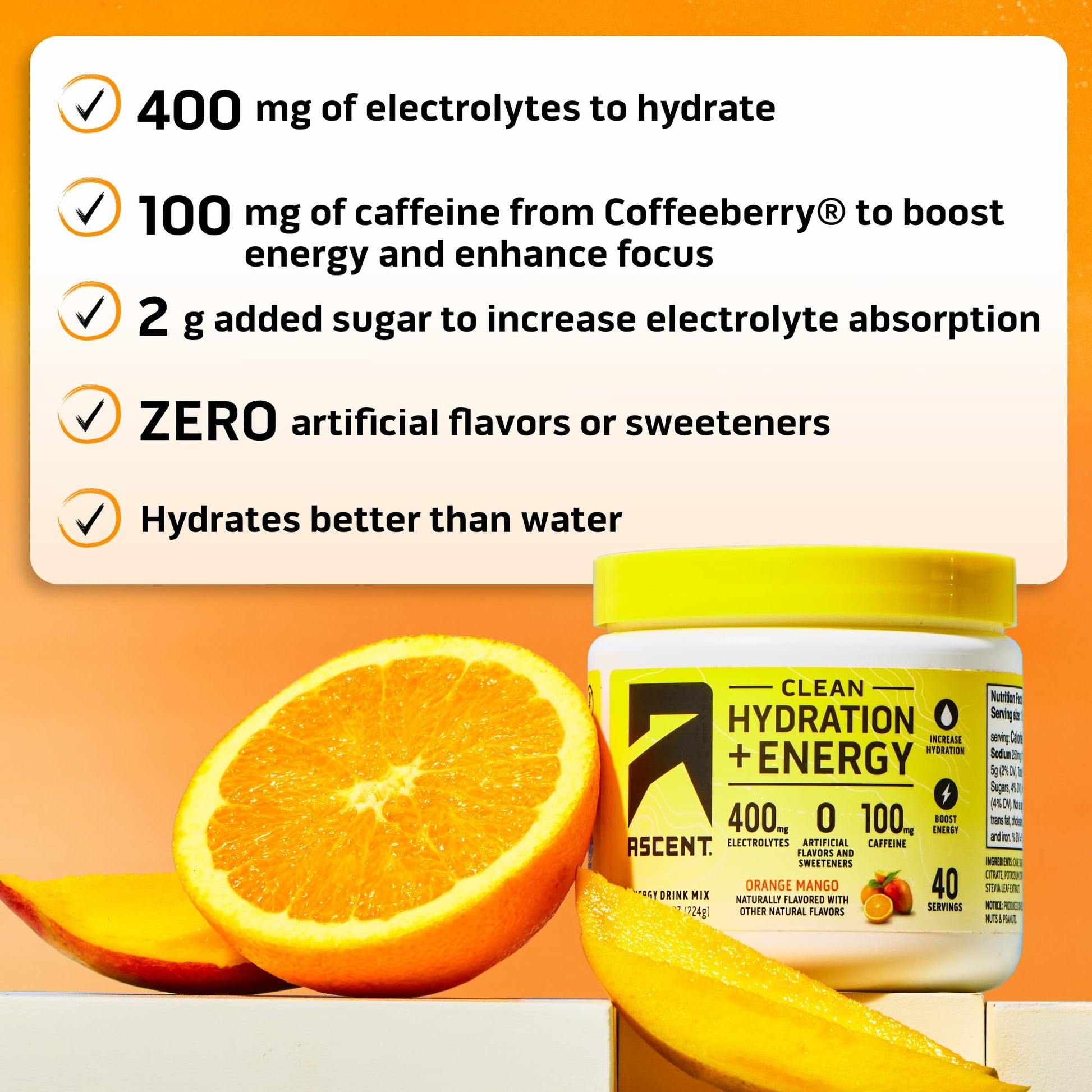 Ascent Clean Hydration + Energy Electrolytes Powder - 100mg Caffeine, 400mg Electrolytes, No Artificial Ingredients, Orange Mango 40 Servings - dailyvitalstore