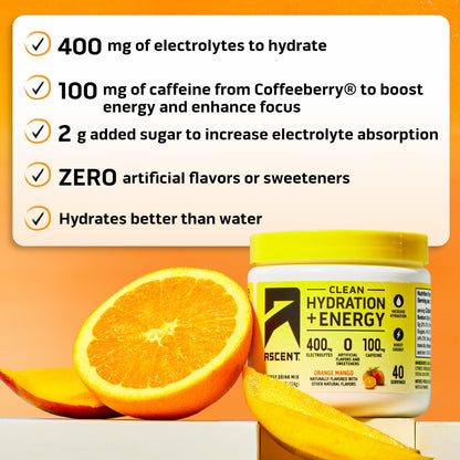 Ascent Clean Hydration + Energy Electrolytes Powder - 100mg Caffeine, 400mg Electrolytes, No Artificial Ingredients, Orange Mango 40 Servings - dailyvitalstore