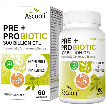 Ascuoli Probiotics for Women & Men - 300 Billion CFU, 24 Strains Probiotics + 15 Organic Herbs Blend, Daily Probiotic for Digestive Health, - dailyvitalstore