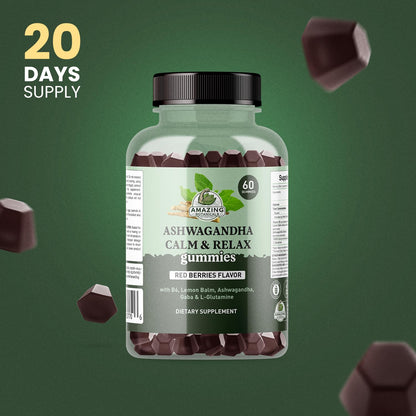 Ashwagandha Calm & Relax Gummies with Vitamin B6, Lemon Balm, GABA & L-Glutamine – 60 Gummies – Red Berries Flavor – Improve Sleep, Stress Relief & Mood – Vegan, Gluten-Free, Non-GMO - dailyvitalstore