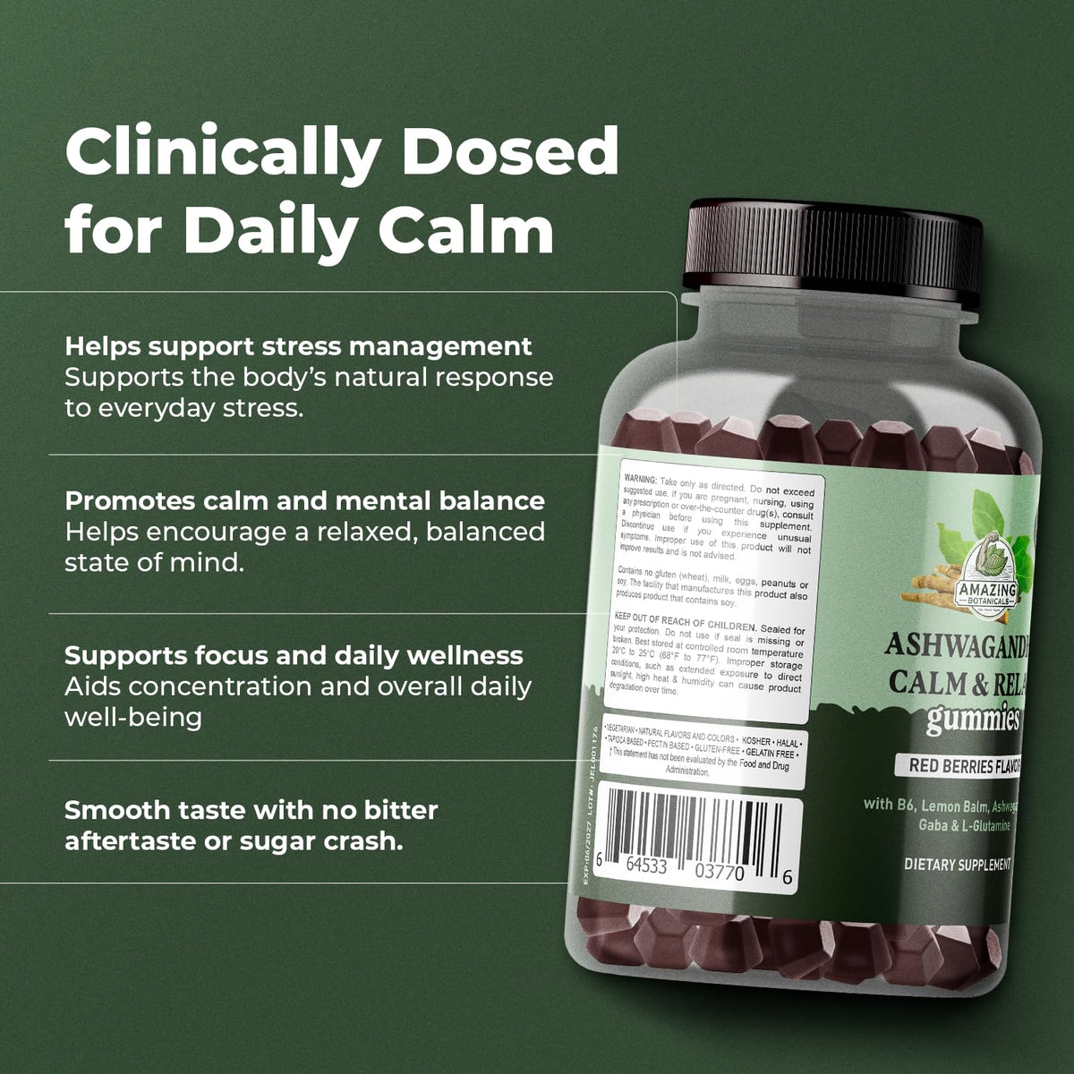 Ashwagandha Calm & Relax Gummies with Vitamin B6, Lemon Balm, GABA & L-Glutamine – 60 Gummies – Red Berries Flavor – Improve Sleep, Stress Relief & Mood – Vegan, Gluten-Free, Non-GMO - dailyvitalstore
