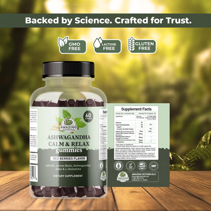 Ashwagandha Calm & Relax Gummies with Vitamin B6, Lemon Balm, GABA & L-Glutamine – 60 Gummies – Red Berries Flavor – Improve Sleep, Stress Relief & Mood – Vegan, Gluten-Free, Non-GMO - dailyvitalstore