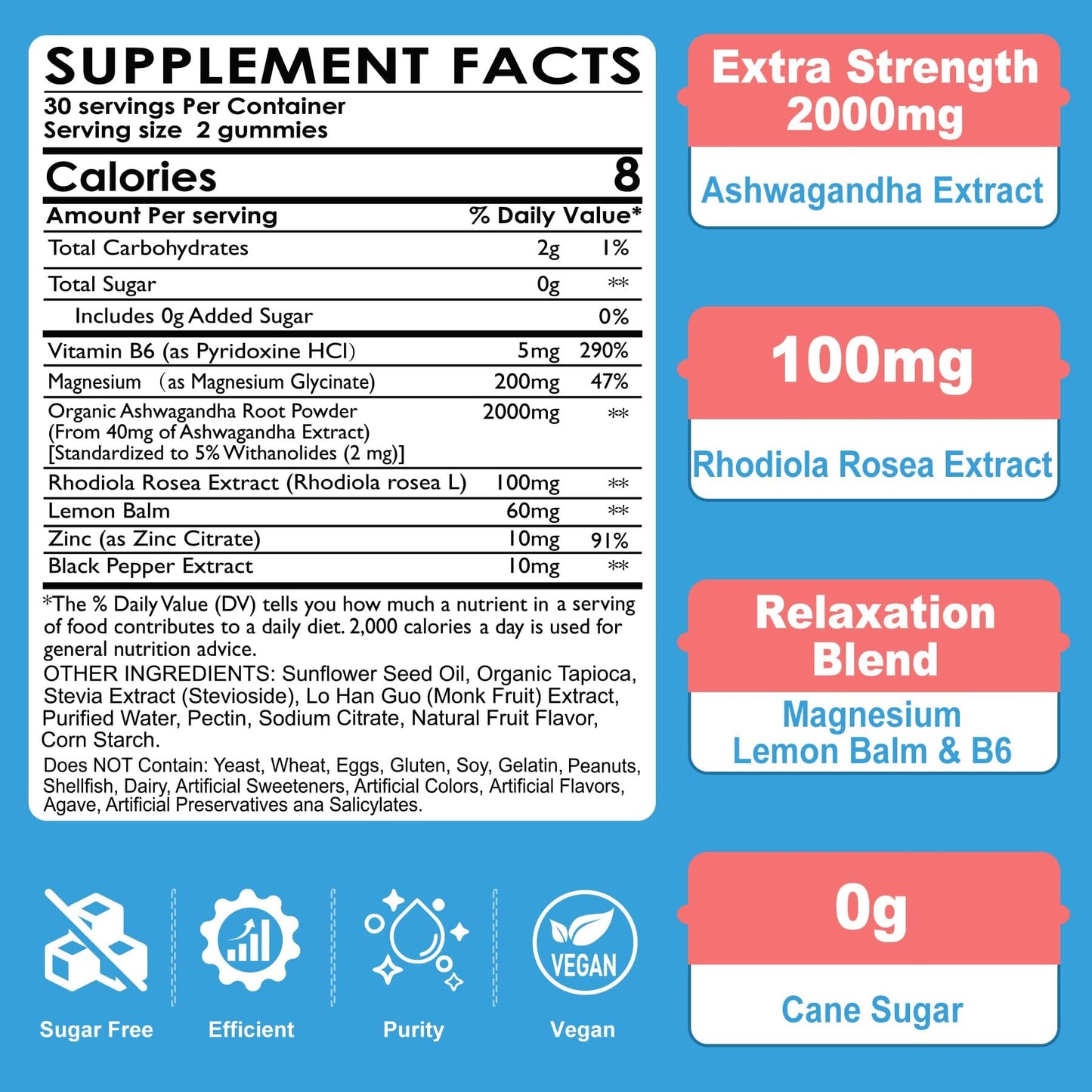 Ashwagandha Gummies, Magnesium Glycinate Gummies 2000mg for Adults, Vitamin B6, Zinc, Rhodiola Rosea, Lemon Balm, Relaxation Support, Natural Zzz, Brain, Muscle, Stamina, Energy, Sugar Free - dailyvitalstore