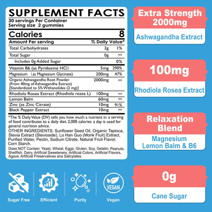 Ashwagandha Gummies, Magnesium Glycinate Gummies 2000mg for Adults, Vitamin B6, Zinc, Rhodiola Rosea, Lemon Balm, Relaxation Support, Natural Zzz, Brain, Muscle, Stamina, Energy, Sugar Free - dailyvitalstore
