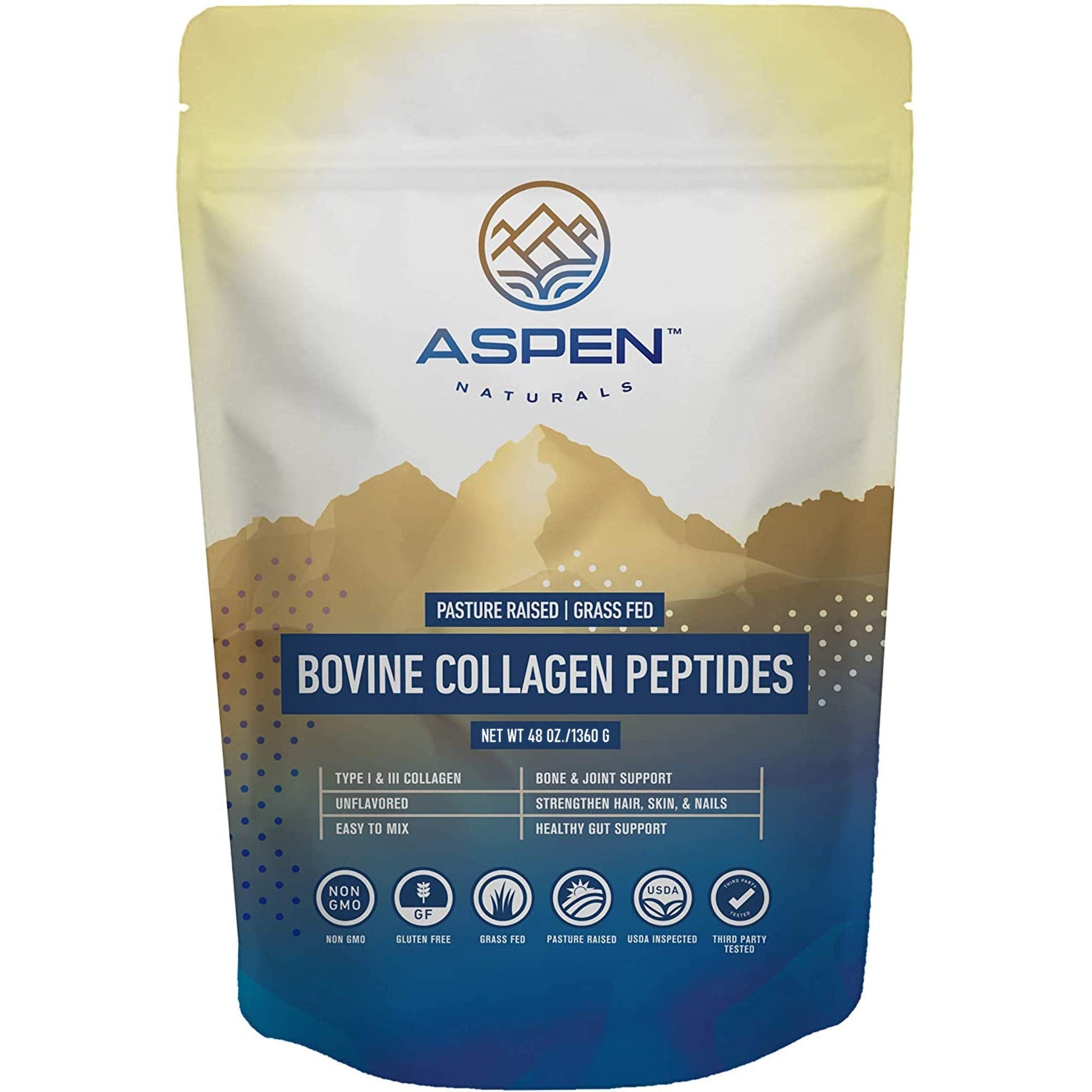 ASPEN NATURALS Grass fed Bovine Collagen Peptides Powder 3lb - Collagen for Women, USA Sourced from USDA Inspected Cattle, Gluten Free, Paleo Friendly, Water Soluble, Flavorless, Easily Mixes - dailyvitalstore