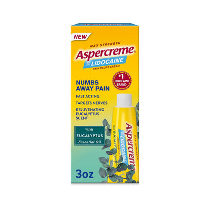 Aspercreme Essential Oils Lidocaine Pain Relief Cream, Max-Strength Lidocaine Numbs Away Nerve Pain, Moisturizing Aloe Hydrates Skin, Eucalyptus, 3 Oz. - dailyvitalstore
