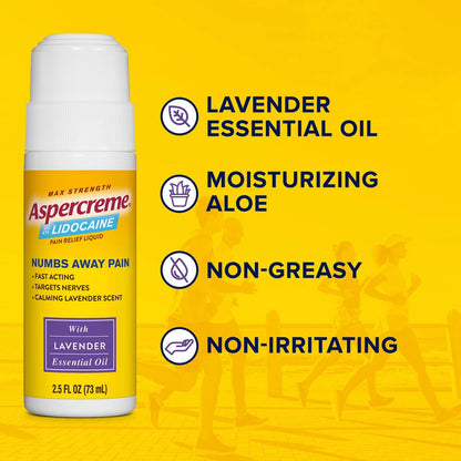 Aspercreme Essential Oils Lidocaine Pain Relief with No-Mess Roll-On Applicator, Max-Strength Lidocaine Numbs Away Nerve Pain, Moisturizing Aloe Hydrates Skin, Lavender, 2.5 Oz., 2pk - dailyvitalstore