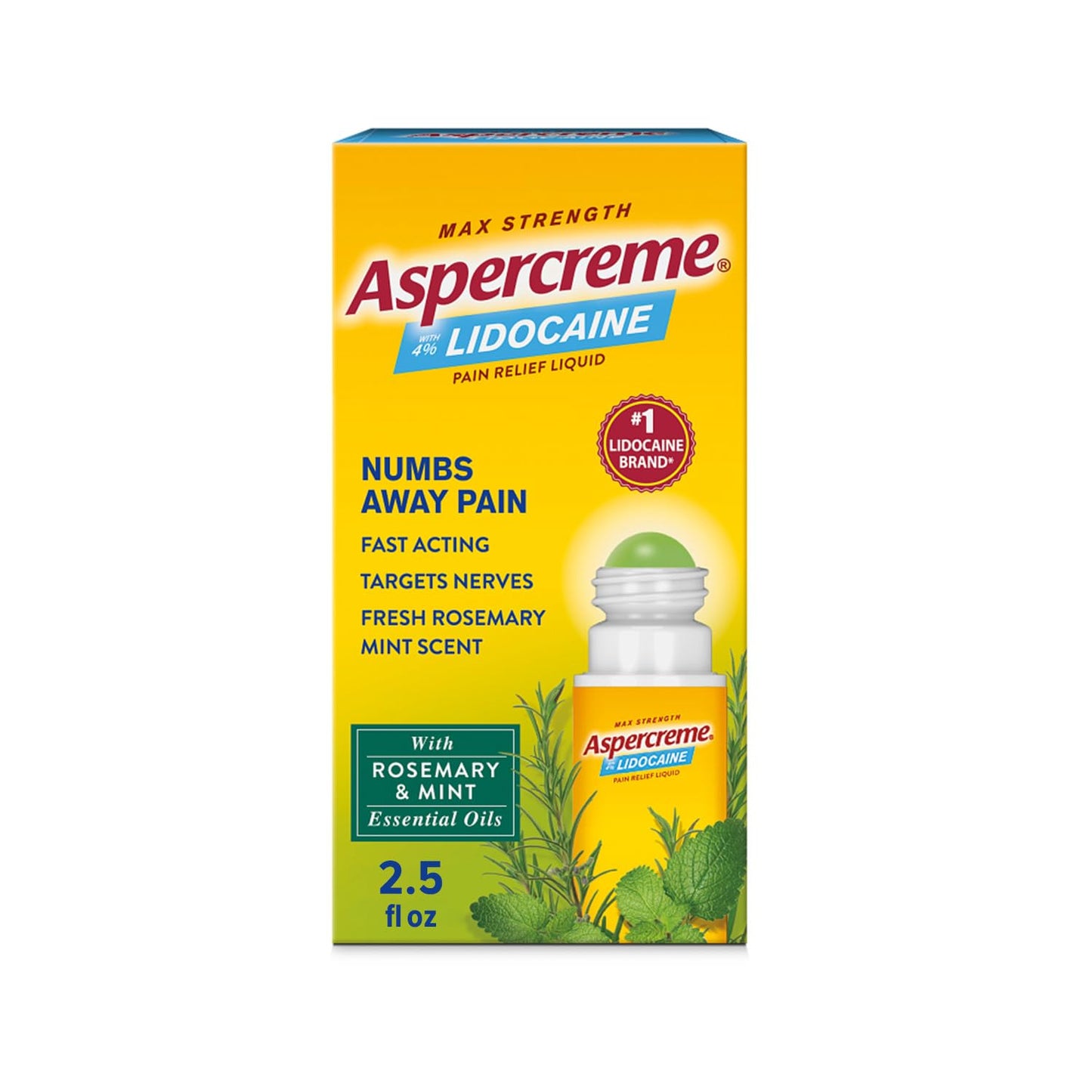 Aspercreme Essential Oils Lidocaine Pain Relief with No-Mess Roll-On Applicator, Max-Strength Lidocaine Numbs Away Nerve Pain, Moisturizing Aloe Hydrates Skin, Rosemary & Mint, 2.5 Oz. - dailyvitalstore