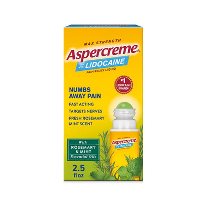Aspercreme Essential Oils Lidocaine Pain Relief with No-Mess Roll-On Applicator, Max-Strength Lidocaine Numbs Away Nerve Pain, Moisturizing Aloe Hydrates Skin, Rosemary & Mint, 2.5 Oz. - dailyvitalstore