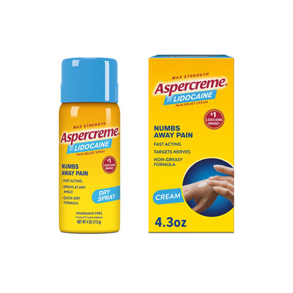 Aspercreme Max Strength Lidocaine Pain Relief Dry Spray 4 oz. Odor Free with Lidocaine Maximum Strength Pain Relief Cream, 4.3 Oz - dailyvitalstore