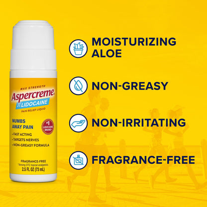 Aspercreme Odor Free Max Strength Lidocaine Pain Relief Liquid with Roll-On No Mess Applicator, 2.5 oz. - dailyvitalstore