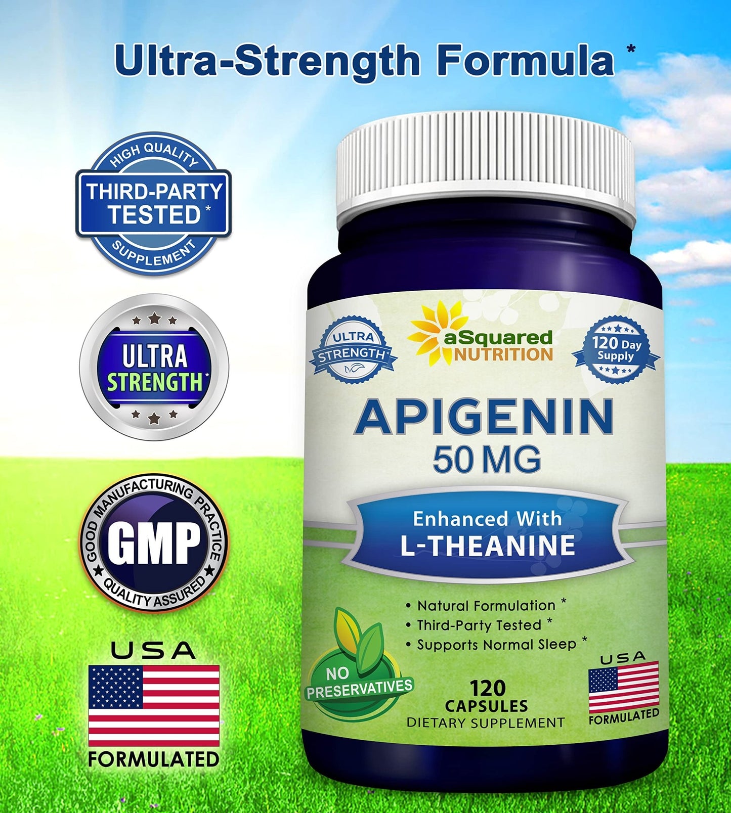 aSquared Nutrition Apigenin 50mg & L-Theanine 200mg - 120 Capsules - Apigenin Supplement Pills for Sleep and Relaxation - dailyvitalstore