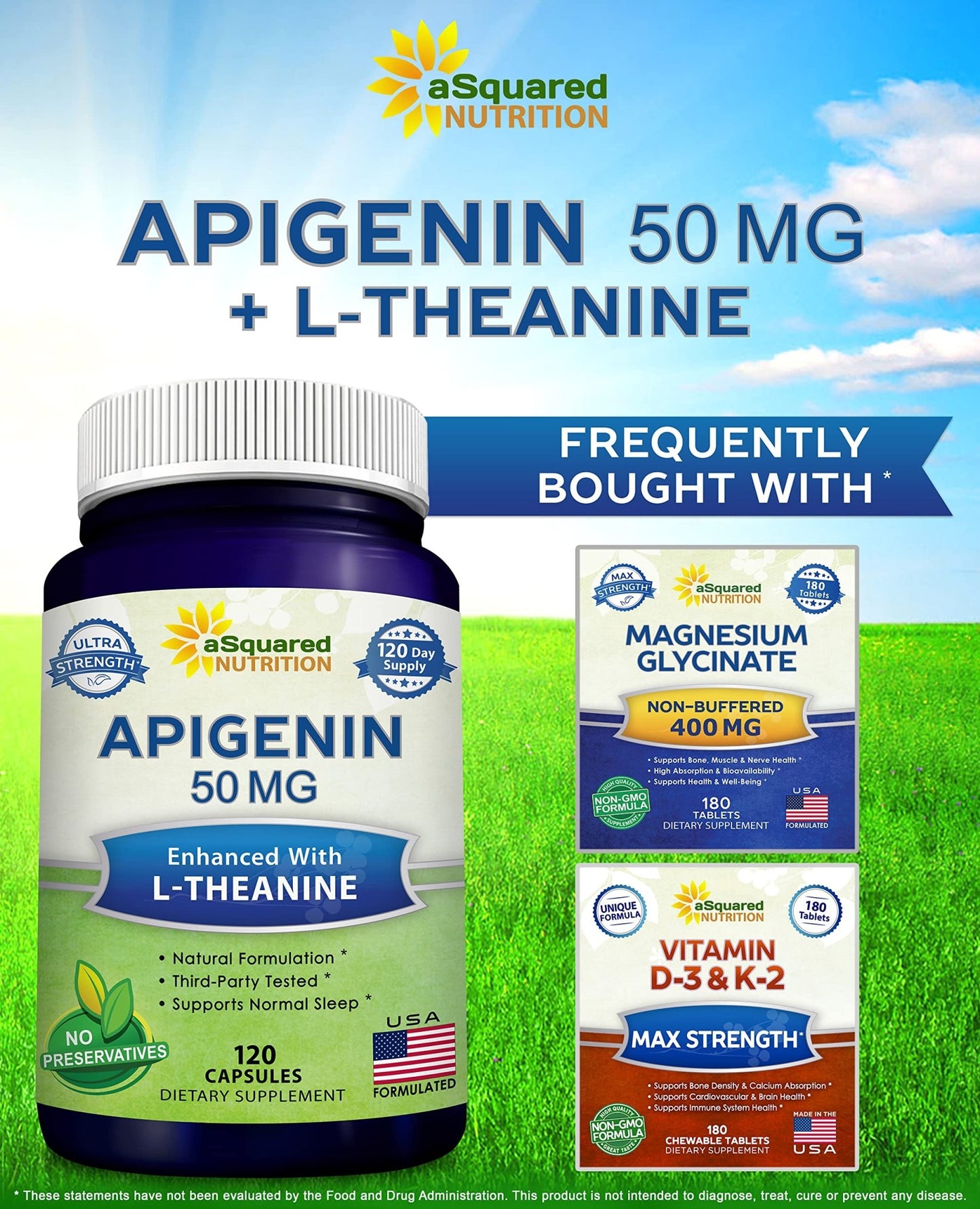 aSquared Nutrition Apigenin 50mg & L-Theanine 200mg - 120 Capsules - Apigenin Supplement Pills for Sleep and Relaxation - dailyvitalstore