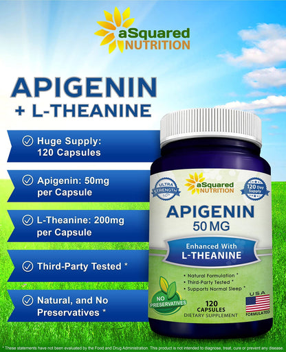 aSquared Nutrition Apigenin 50mg & L-Theanine 200mg - 120 Capsules - Apigenin Supplement Pills for Sleep and Relaxation - dailyvitalstore