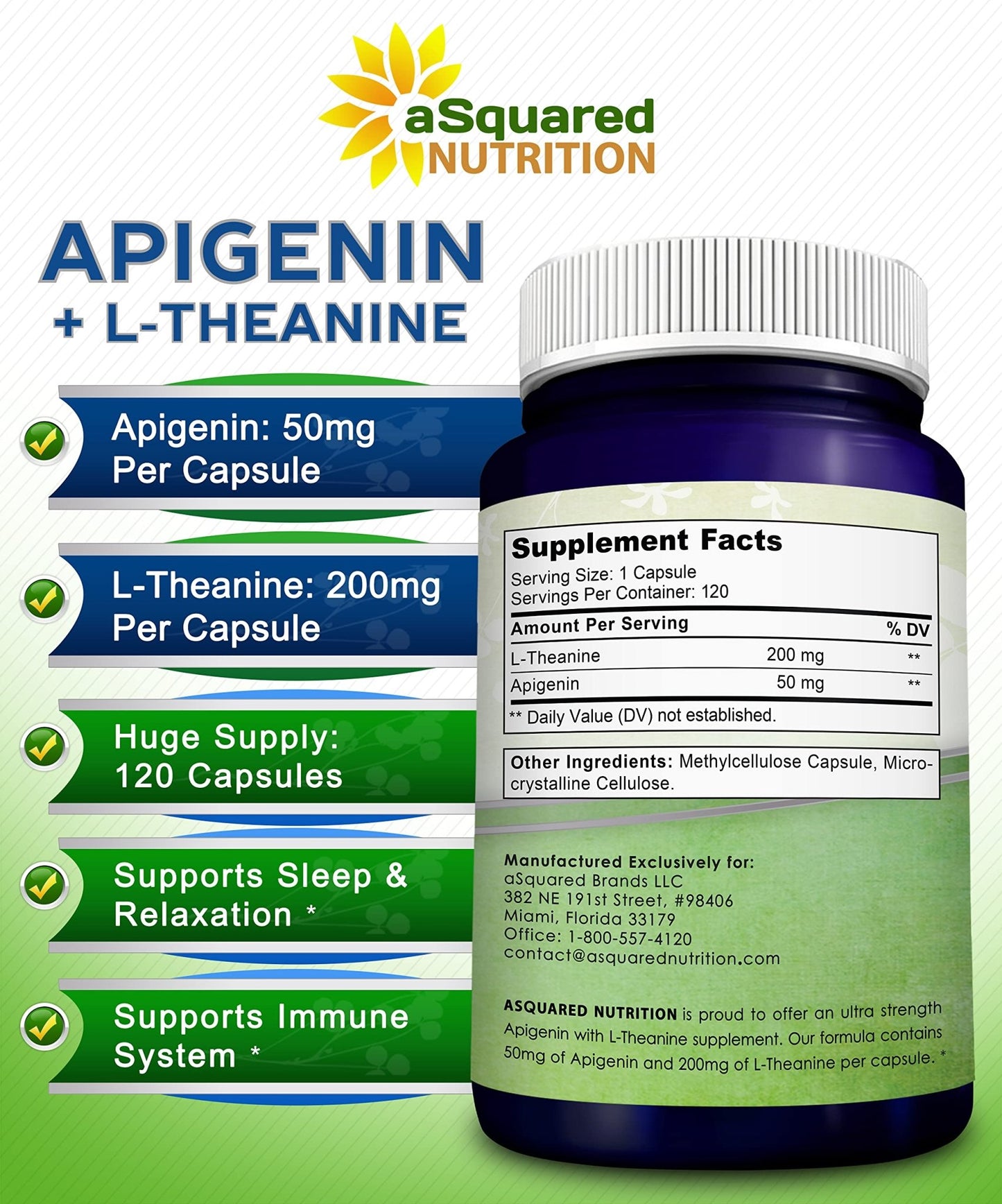 aSquared Nutrition Apigenin 50mg & L-Theanine 200mg - 120 Capsules - Apigenin Supplement Pills for Sleep and Relaxation - dailyvitalstore
