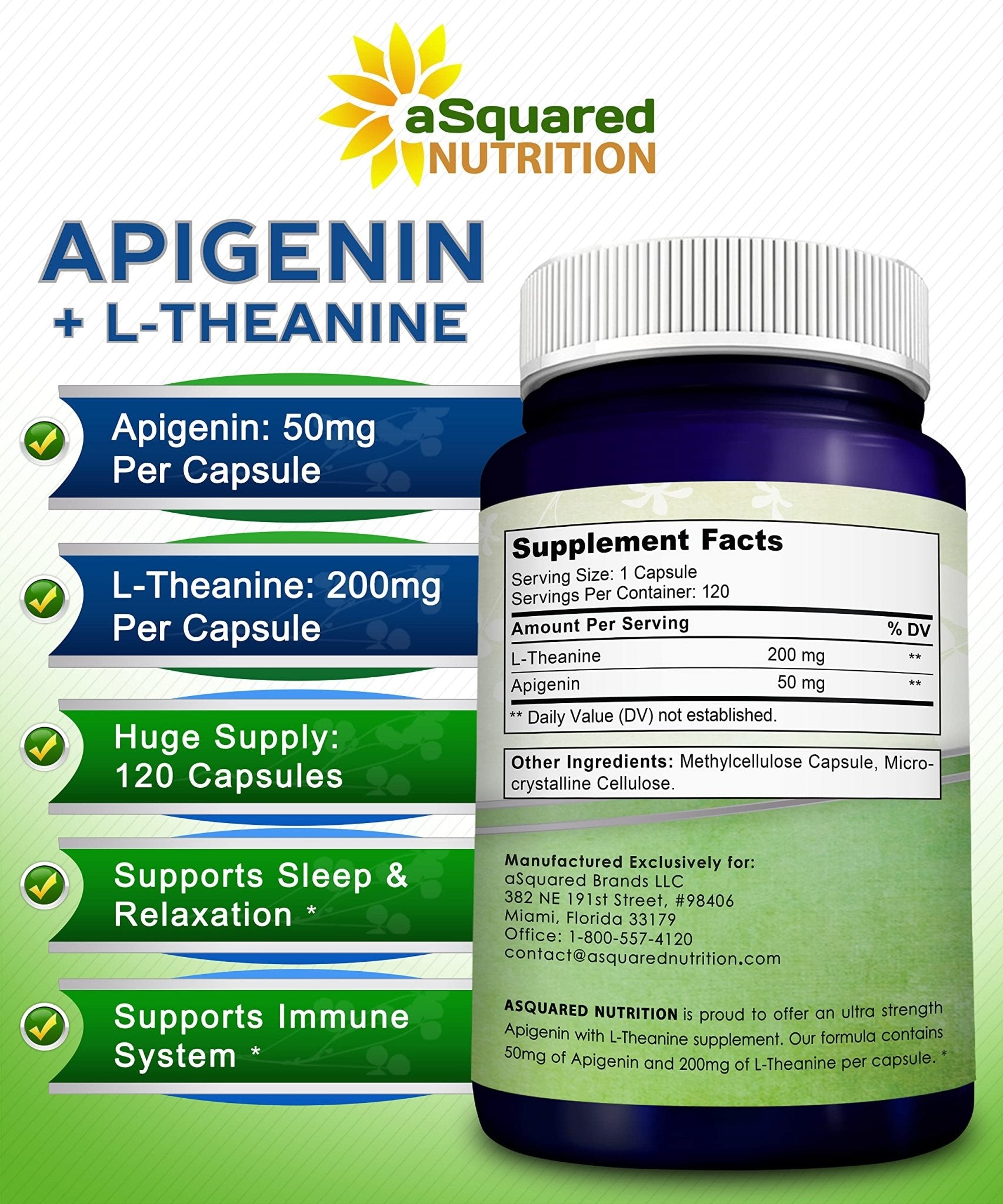 aSquared Nutrition Apigenin 50mg & L-Theanine 200mg - 120 Capsules - Apigenin Supplement Pills for Sleep and Relaxation - dailyvitalstore