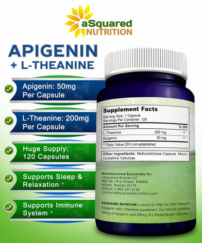 aSquared Nutrition Apigenin 50mg & L-Theanine 200mg - 120 Capsules - Apigenin Supplement Pills for Sleep and Relaxation - dailyvitalstore