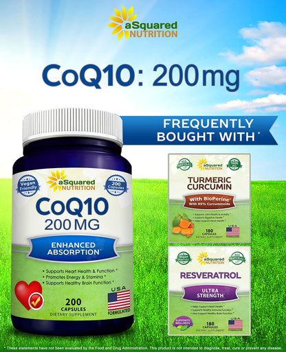 aSquared Nutrition CoQ10 (200 Capsules and 200mg) - High Absorption Vegan CO Q-10 Powder - Enzyme Ubiquinone Supplement Pills, Extra Antioxidant Coenzyme Q10 Vitamin - dailyvitalstore