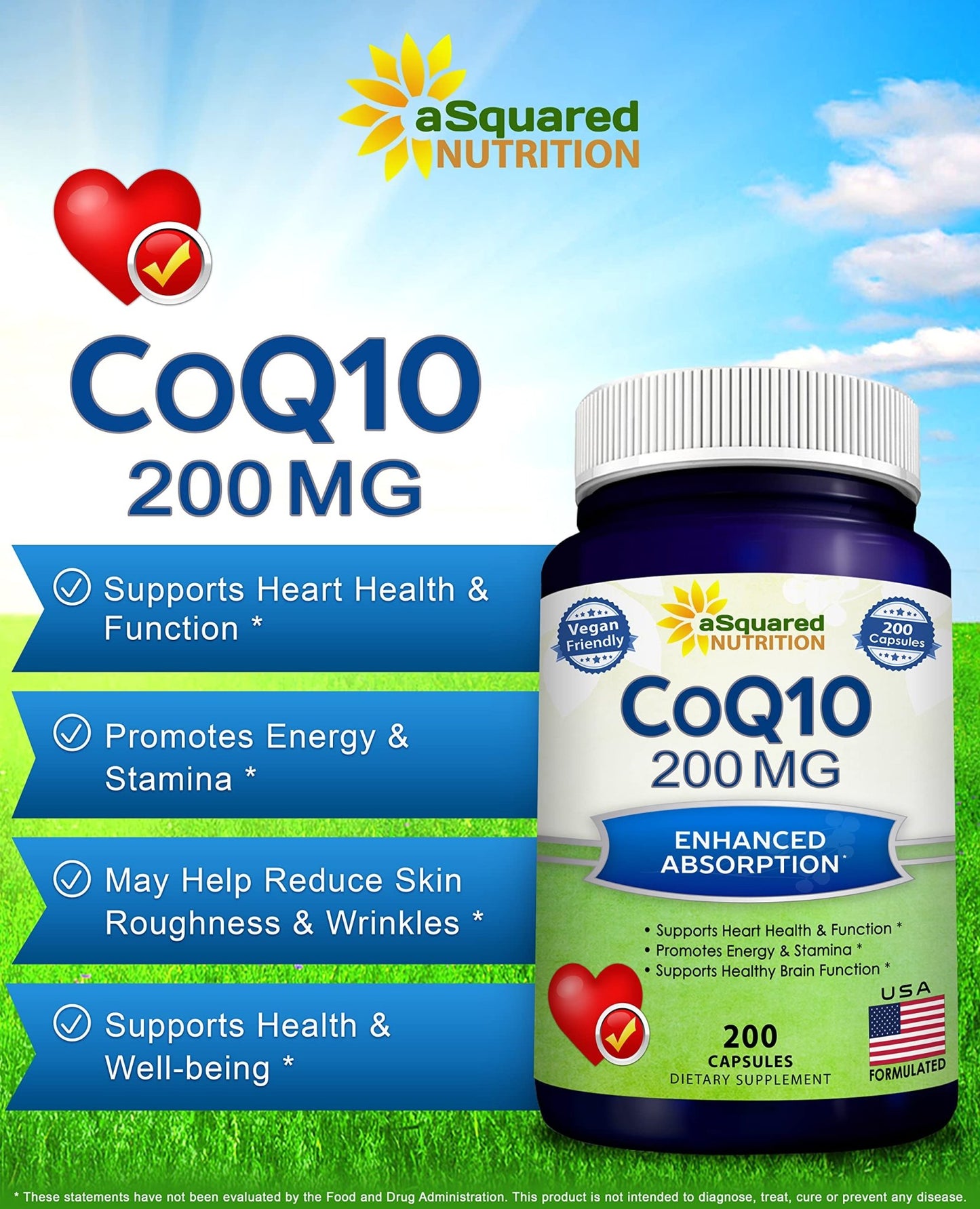 aSquared Nutrition CoQ10 (200 Capsules and 200mg) - High Absorption Vegan CO Q-10 Powder - Enzyme Ubiquinone Supplement Pills, Extra Antioxidant Coenzyme Q10 Vitamin - dailyvitalstore