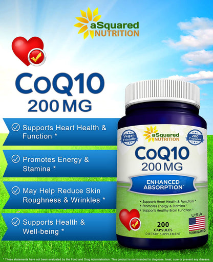 aSquared Nutrition CoQ10 (200 Capsules and 200mg) - High Absorption Vegan CO Q-10 Powder - Enzyme Ubiquinone Supplement Pills, Extra Antioxidant Coenzyme Q10 Vitamin - dailyvitalstore