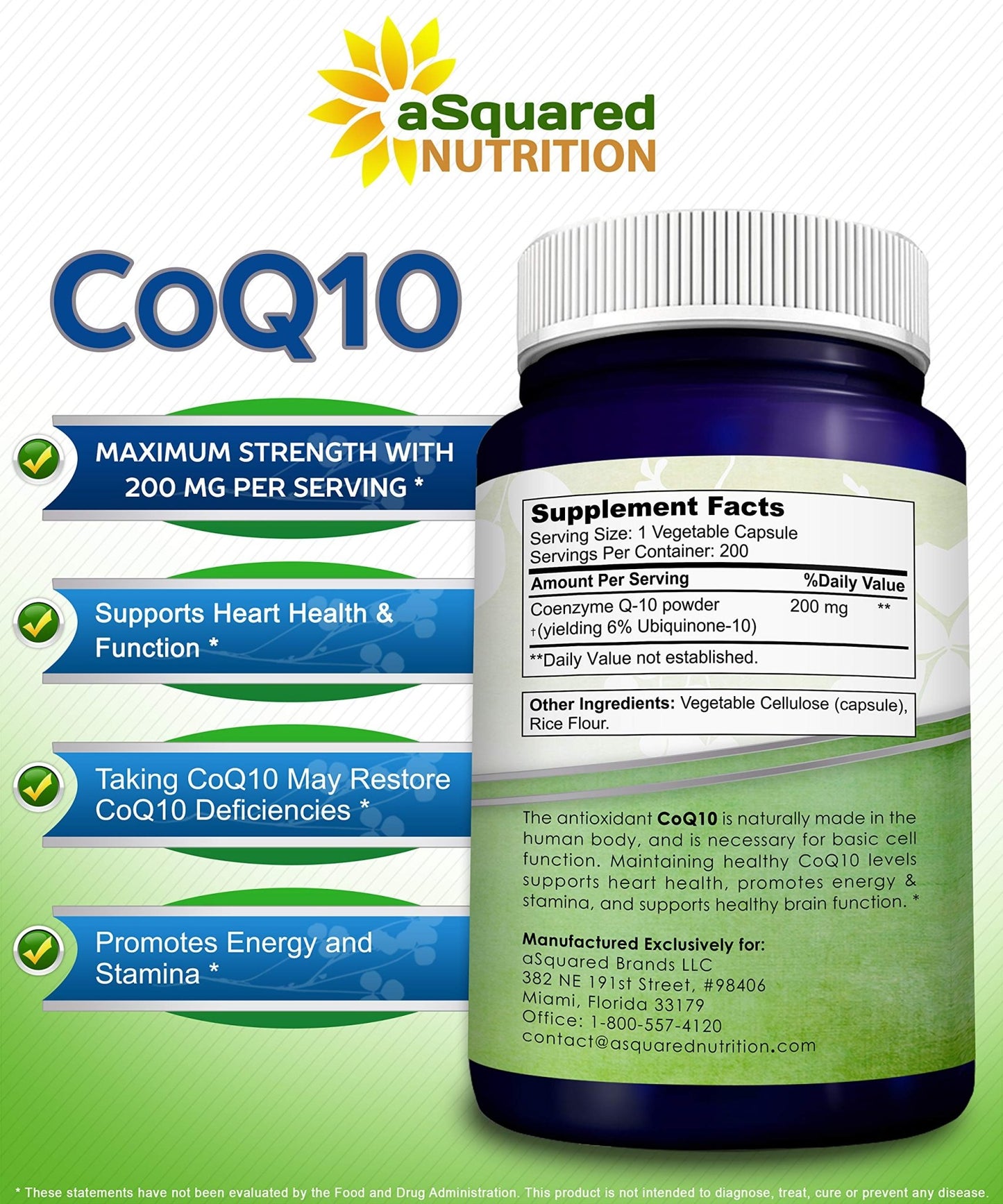 aSquared Nutrition CoQ10 (200 Capsules and 200mg) - High Absorption Vegan CO Q-10 Powder - Enzyme Ubiquinone Supplement Pills, Extra Antioxidant Coenzyme Q10 Vitamin - dailyvitalstore