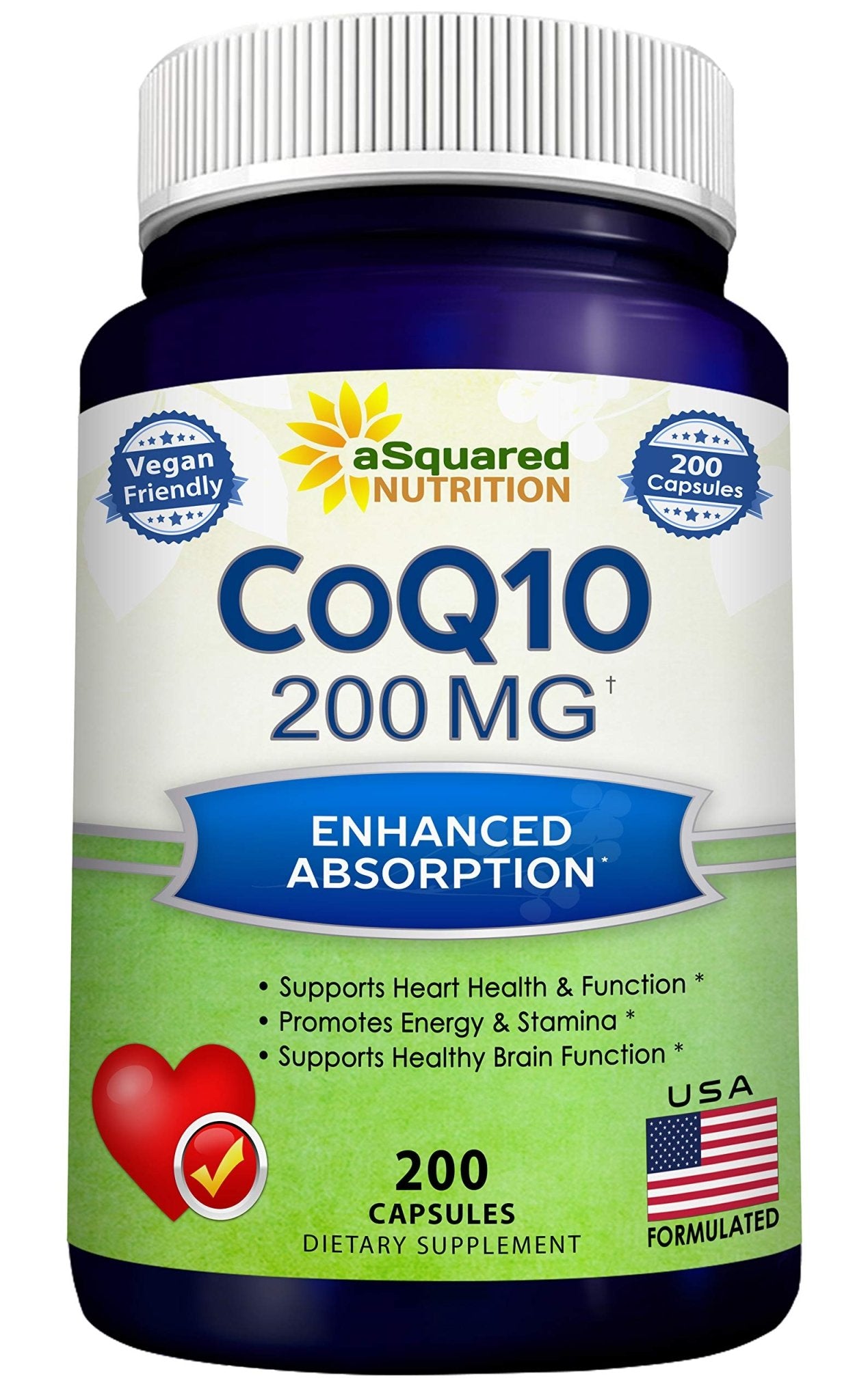aSquared Nutrition CoQ10 (200 Capsules and 200mg) - High Absorption Vegan CO Q-10 Powder - Enzyme Ubiquinone Supplement Pills, Extra Antioxidant Coenzyme Q10 Vitamin - dailyvitalstore
