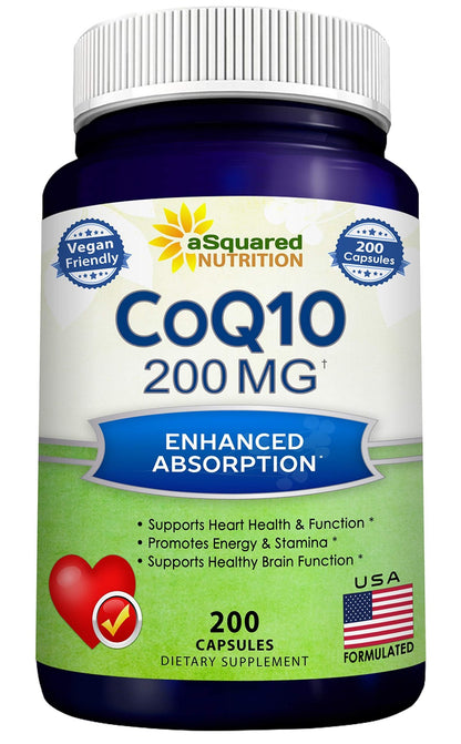 aSquared Nutrition CoQ10 (200 Capsules and 200mg) - High Absorption Vegan CO Q-10 Powder - Enzyme Ubiquinone Supplement Pills, Extra Antioxidant Coenzyme Q10 Vitamin - dailyvitalstore