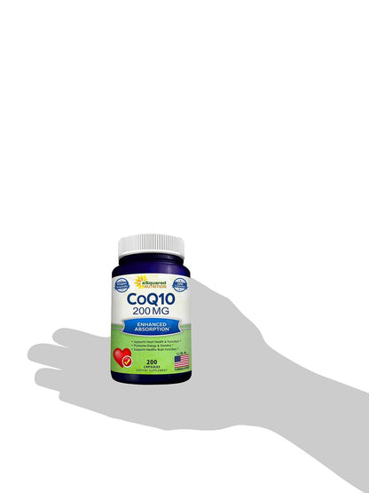 aSquared Nutrition CoQ10 (200 Capsules and 200mg) - High Absorption Vegan CO Q-10 Powder - Enzyme Ubiquinone Supplement Pills, Extra Antioxidant Coenzyme Q10 Vitamin - dailyvitalstore