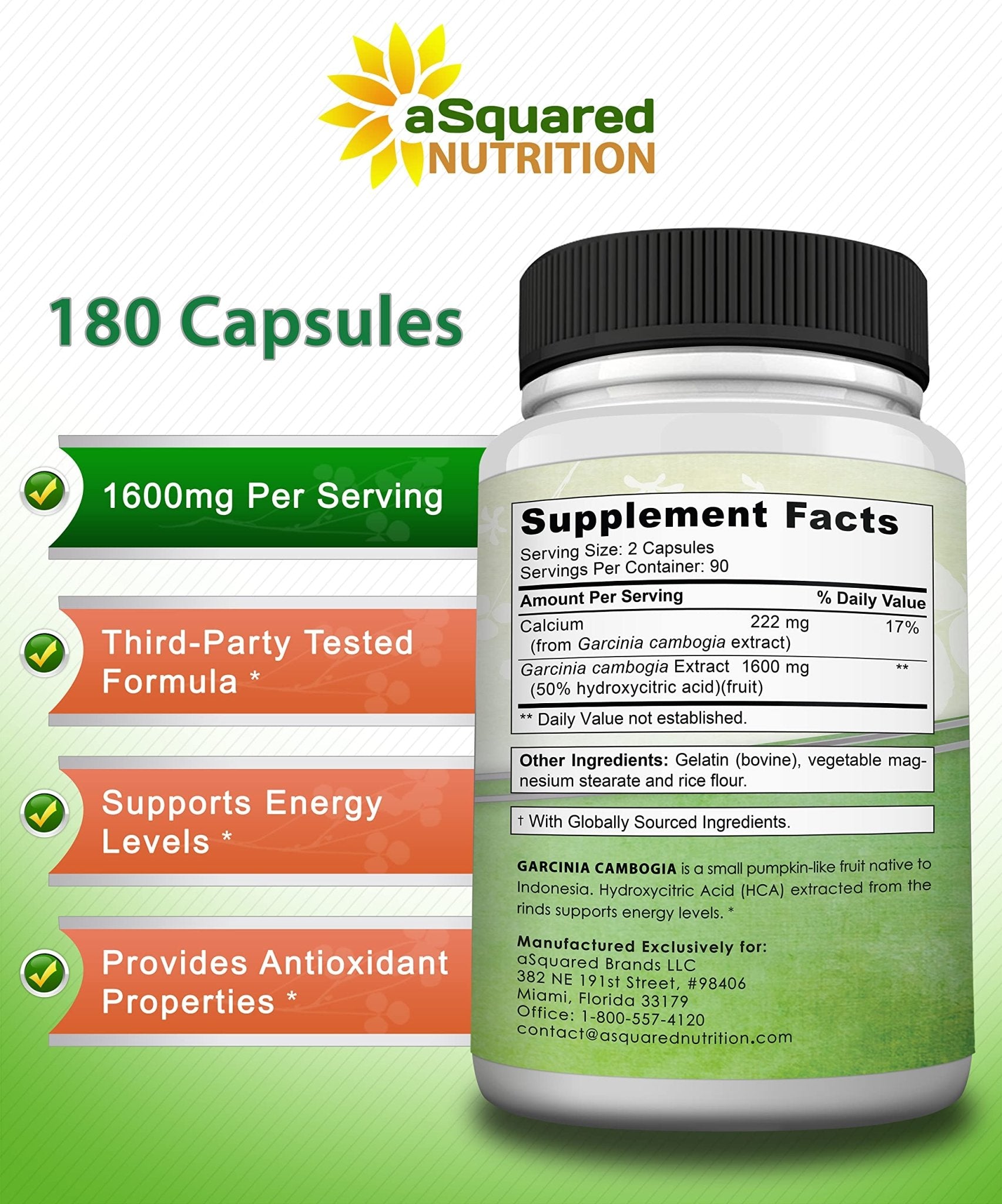 aSquared Nutrition Garcinia Cambogia 1600mg-180 Capsules-Natural Pure Extract Pills for Brain Health- Standardized Ultra HCA & Garcinia Cambogia Supplement - dailyvitalstore
