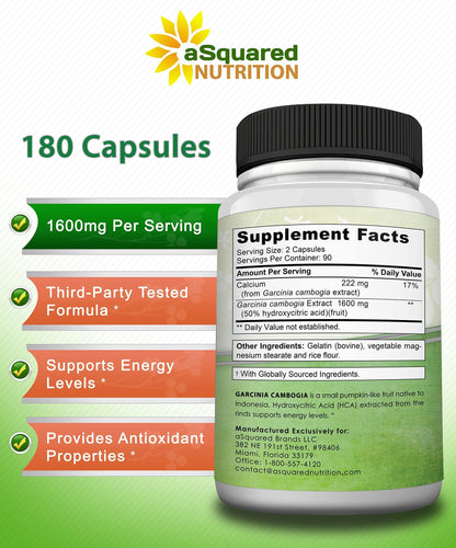 aSquared Nutrition Garcinia Cambogia 1600mg-180 Capsules-Natural Pure Extract Pills for Brain Health- Standardized Ultra HCA & Garcinia Cambogia Supplement - dailyvitalstore