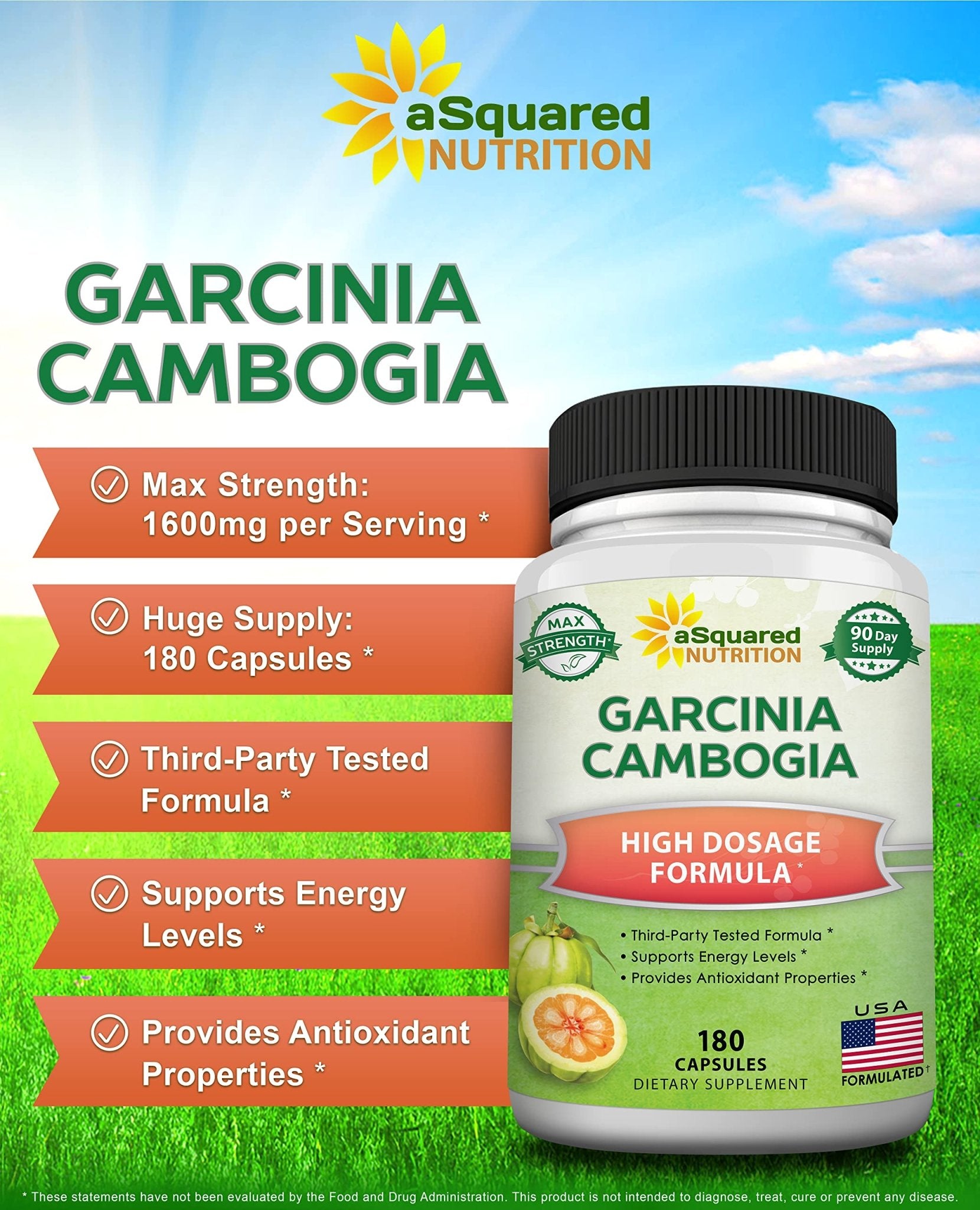 aSquared Nutrition Garcinia Cambogia 1600mg-180 Capsules-Natural Pure Extract Pills for Brain Health- Standardized Ultra HCA & Garcinia Cambogia Supplement - dailyvitalstore