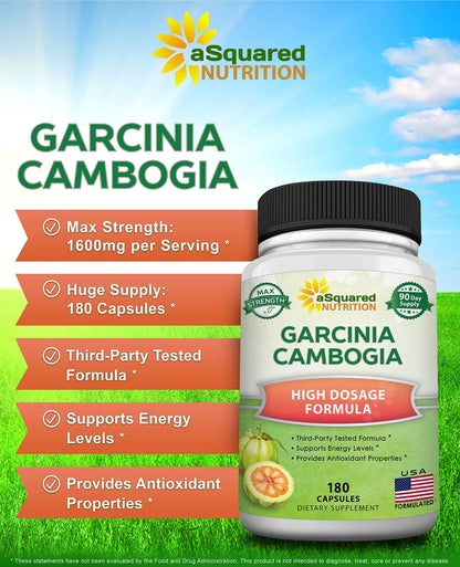 aSquared Nutrition Garcinia Cambogia 1600mg-180 Capsules-Natural Pure Extract Pills for Brain Health- Standardized Ultra HCA & Garcinia Cambogia Supplement - dailyvitalstore