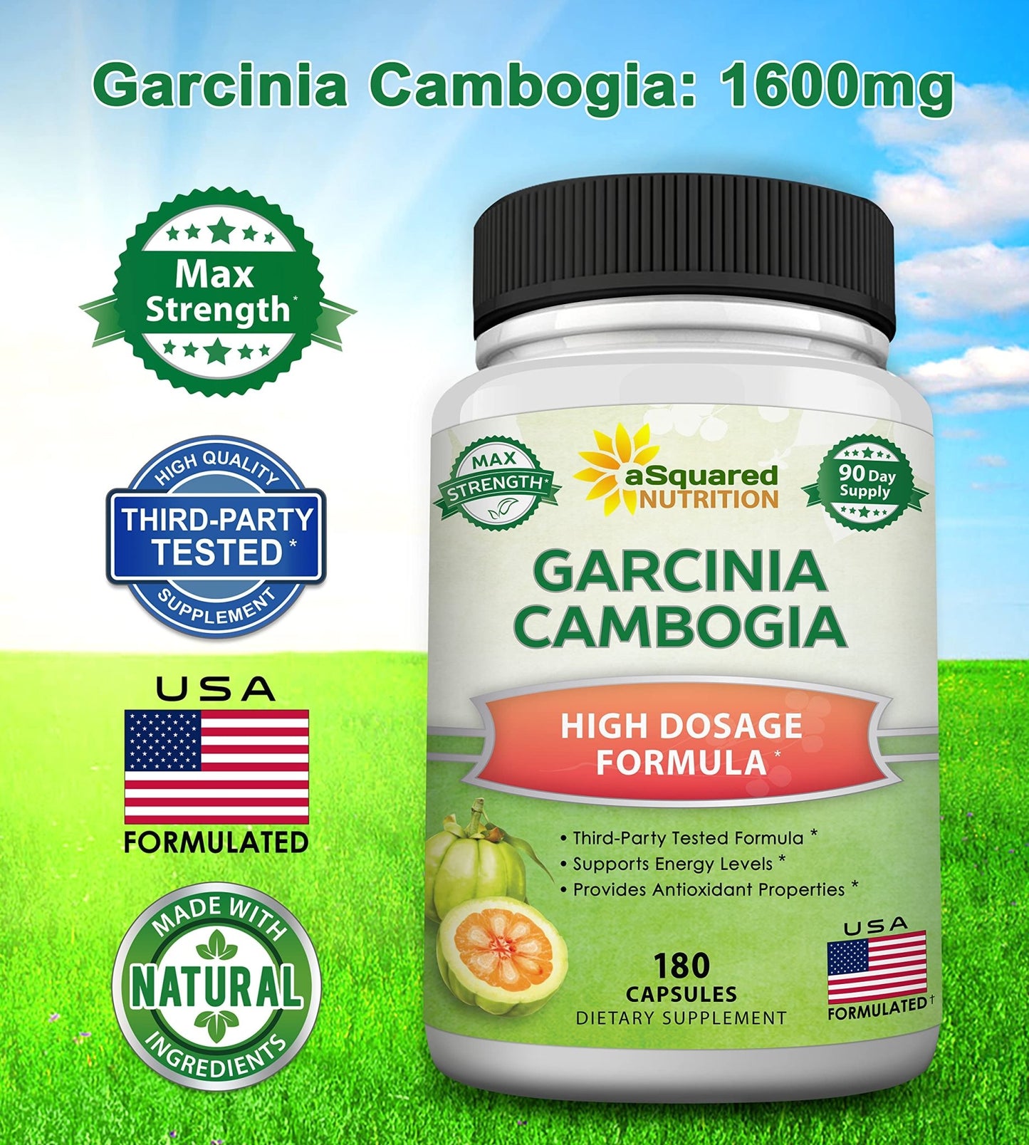 aSquared Nutrition Garcinia Cambogia 1600mg-180 Capsules-Natural Pure Extract Pills for Brain Health- Standardized Ultra HCA & Garcinia Cambogia Supplement - dailyvitalstore