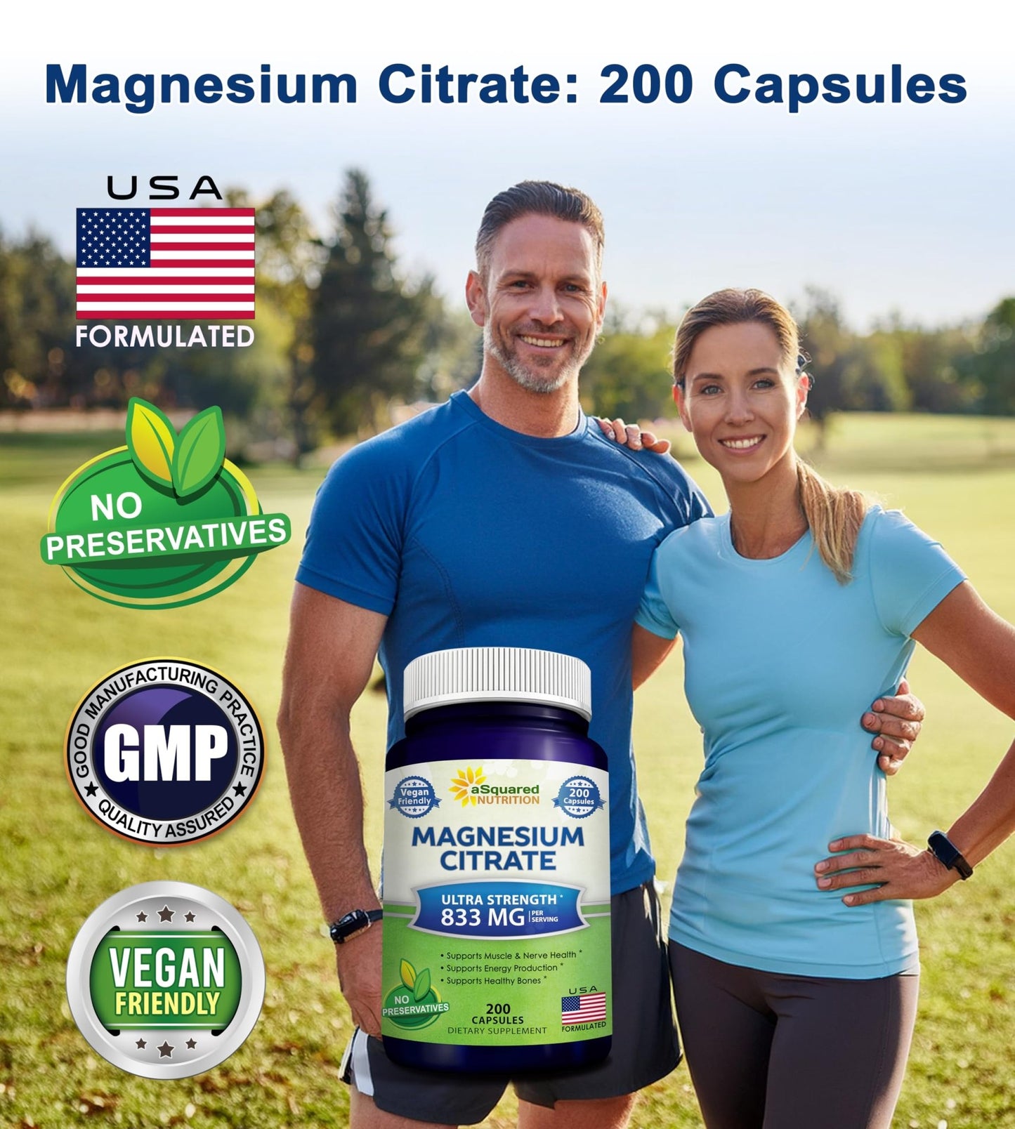 aSquared Nutrition Magnesium Citrate 833mg Supplement - 200 Capsules - Max Strength Vegan Mag Citrate Powder Pills to Support Pure Function of Muscles, - dailyvitalstore