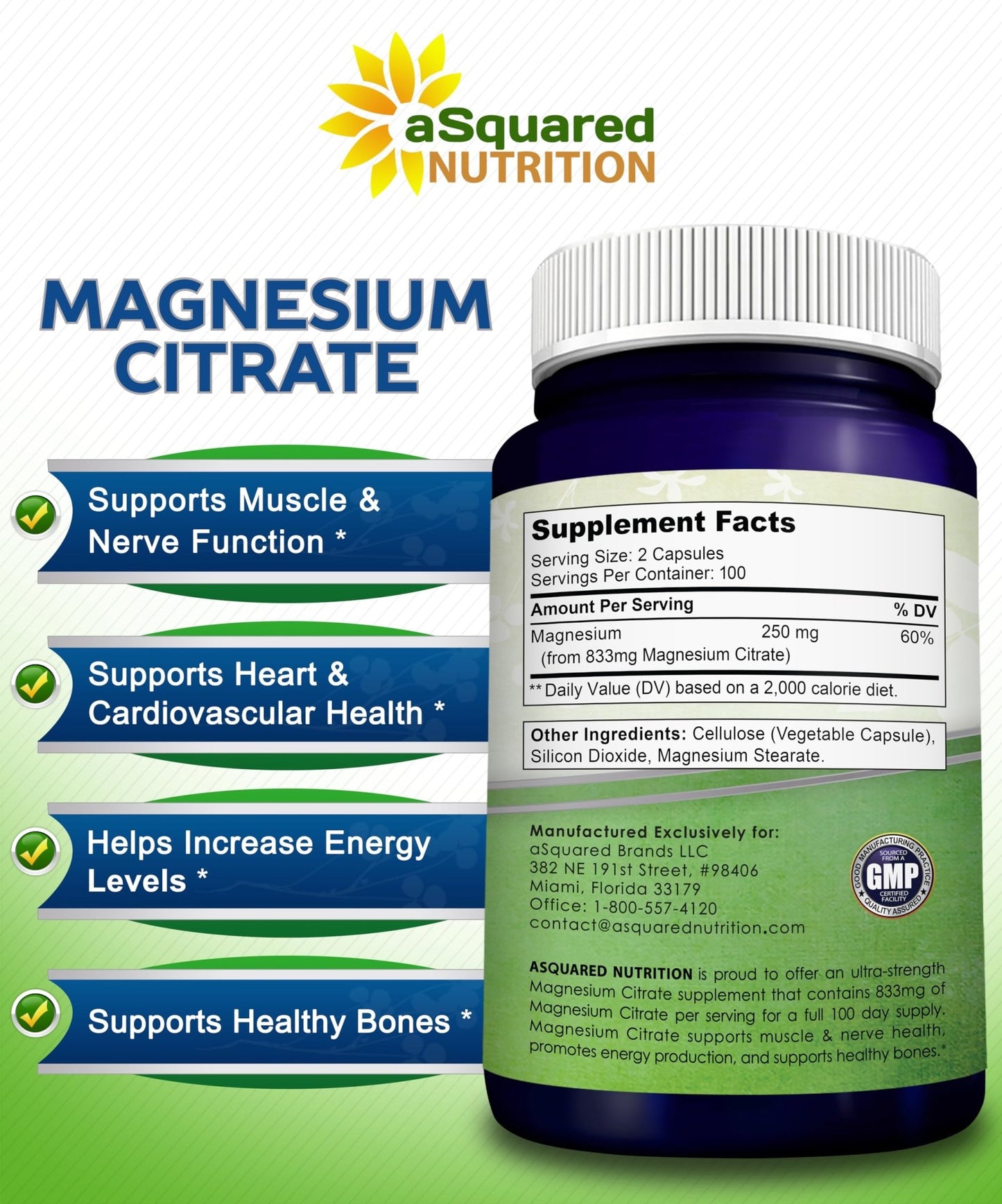 aSquared Nutrition Magnesium Citrate 833mg Supplement - 200 Capsules - Max Strength Vegan Mag Citrate Powder Pills to Support Pure Function of Muscles, - dailyvitalstore