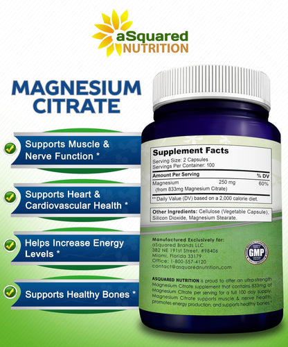 aSquared Nutrition Magnesium Citrate 833mg Supplement - 200 Capsules - Max Strength Vegan Mag Citrate Powder Pills to Support Pure Function of Muscles, - dailyvitalstore