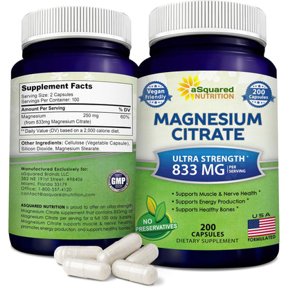 aSquared Nutrition Magnesium Citrate 833mg Supplement - 200 Capsules - Max Strength Vegan Mag Citrate Powder Pills to Support Pure Function of Muscles, - dailyvitalstore