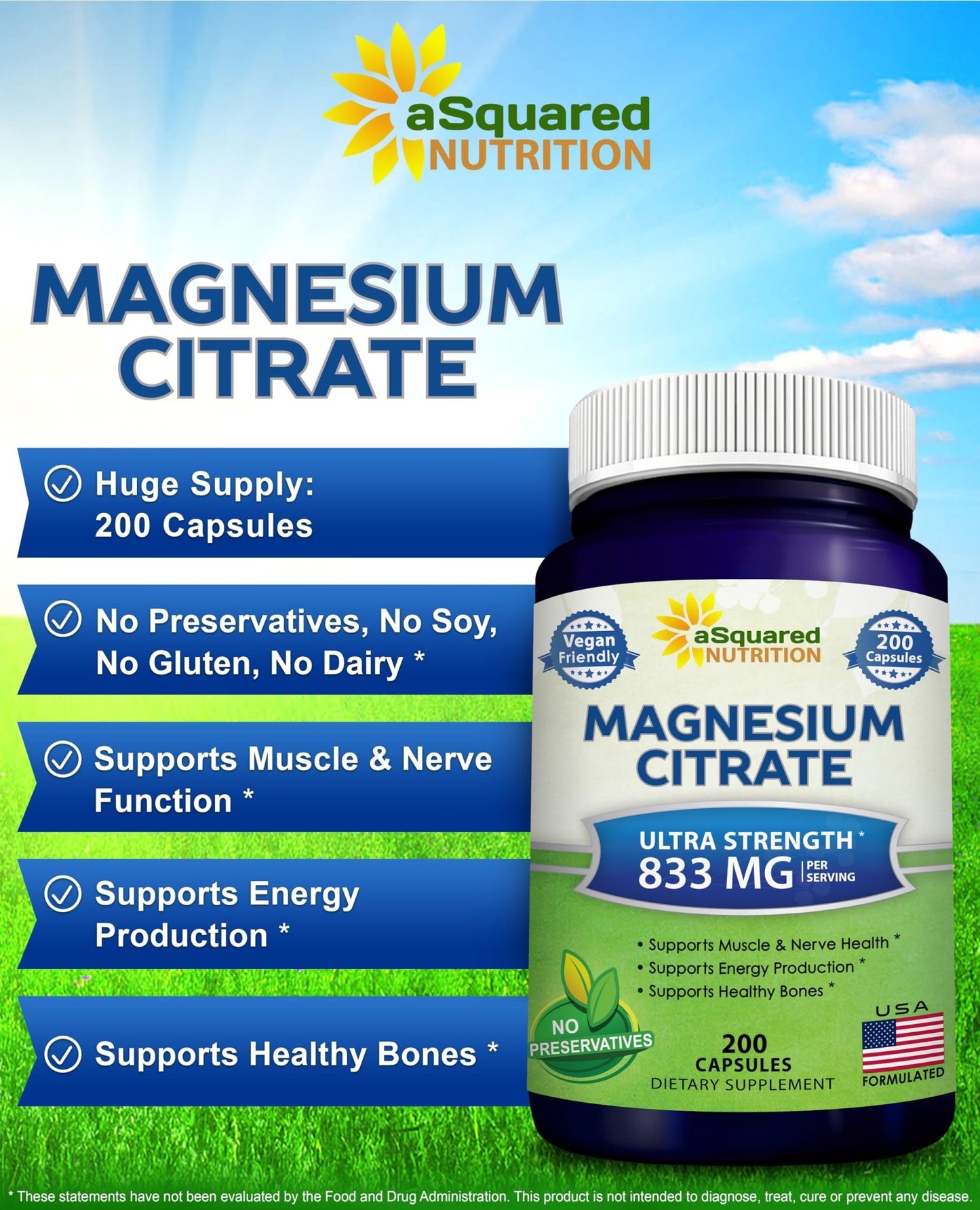 aSquared Nutrition Magnesium Citrate 833mg Supplement - 200 Capsules - Max Strength Vegan Mag Citrate Powder Pills to Support Pure Function of Muscles, - dailyvitalstore