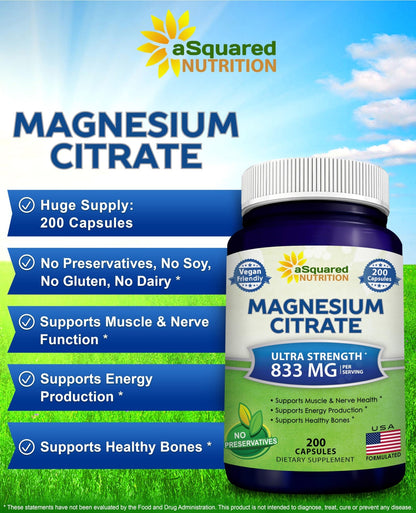 aSquared Nutrition Magnesium Citrate 833mg Supplement - 200 Capsules - Max Strength Vegan Mag Citrate Powder Pills to Support Pure Function of Muscles, - dailyvitalstore