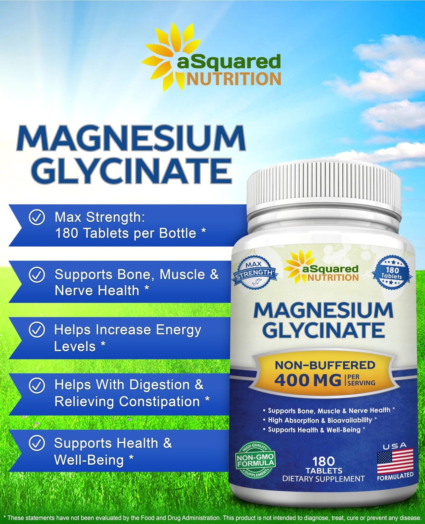 aSquared Nutrition Magnesium Glycinate 400mg - 180 Tablets - Max Strength Magnesium Bisglycinate Supplement -Maximum Bioavailability & Absorption-Non-GMO - dailyvitalstore