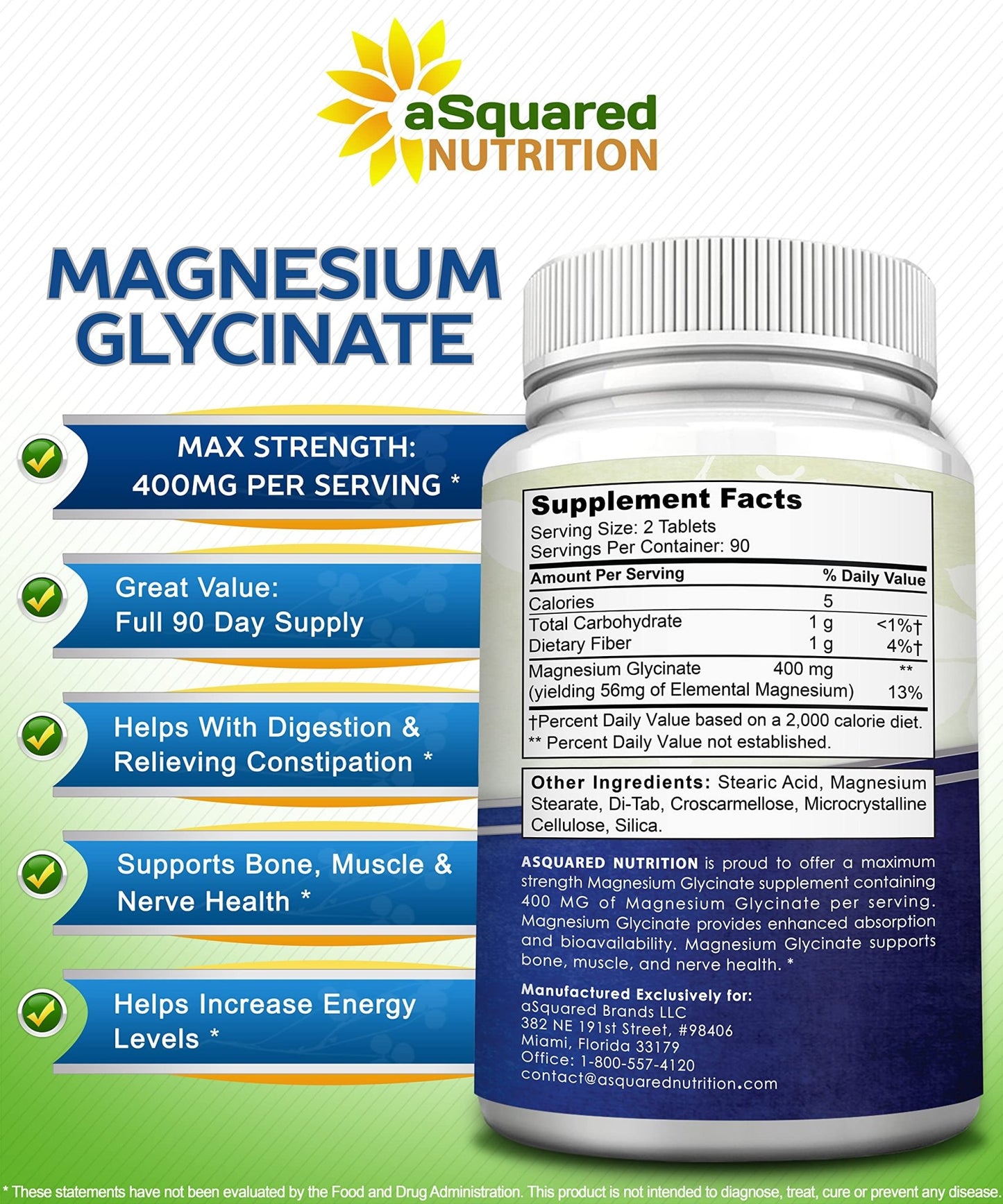 aSquared Nutrition Magnesium Glycinate 400mg - 180 Tablets - Max Strength Magnesium Bisglycinate Supplement -Maximum Bioavailability & Absorption-Non-GMO - dailyvitalstore