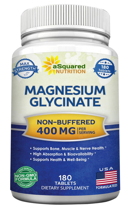 aSquared Nutrition Magnesium Glycinate 400mg - 180 Tablets - Max Strength Magnesium Bisglycinate Supplement -Maximum Bioavailability & Absorption-Non-GMO - dailyvitalstore