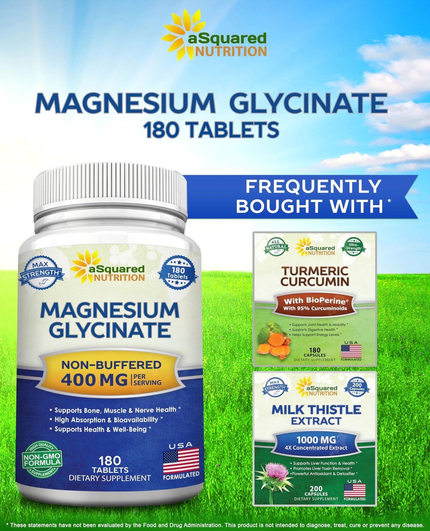 aSquared Nutrition Magnesium Glycinate 400mg - 180 Tablets - Max Strength Magnesium Bisglycinate Supplement -Maximum Bioavailability & Absorption-Non-GMO - dailyvitalstore