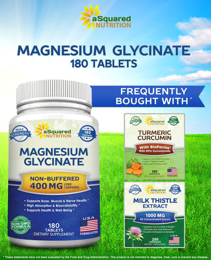 aSquared Nutrition Magnesium Glycinate 400mg - 180 Tablets - Max Strength Magnesium Bisglycinate Supplement -Maximum Bioavailability & Absorption-Non-GMO - dailyvitalstore