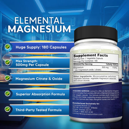 aSquared Nutrition Proprietary Magnesium 500mg – High Absorption Magnesium Citrate & Oxide – 180 Veggie Capsules, 180 Day Supply - dailyvitalstore