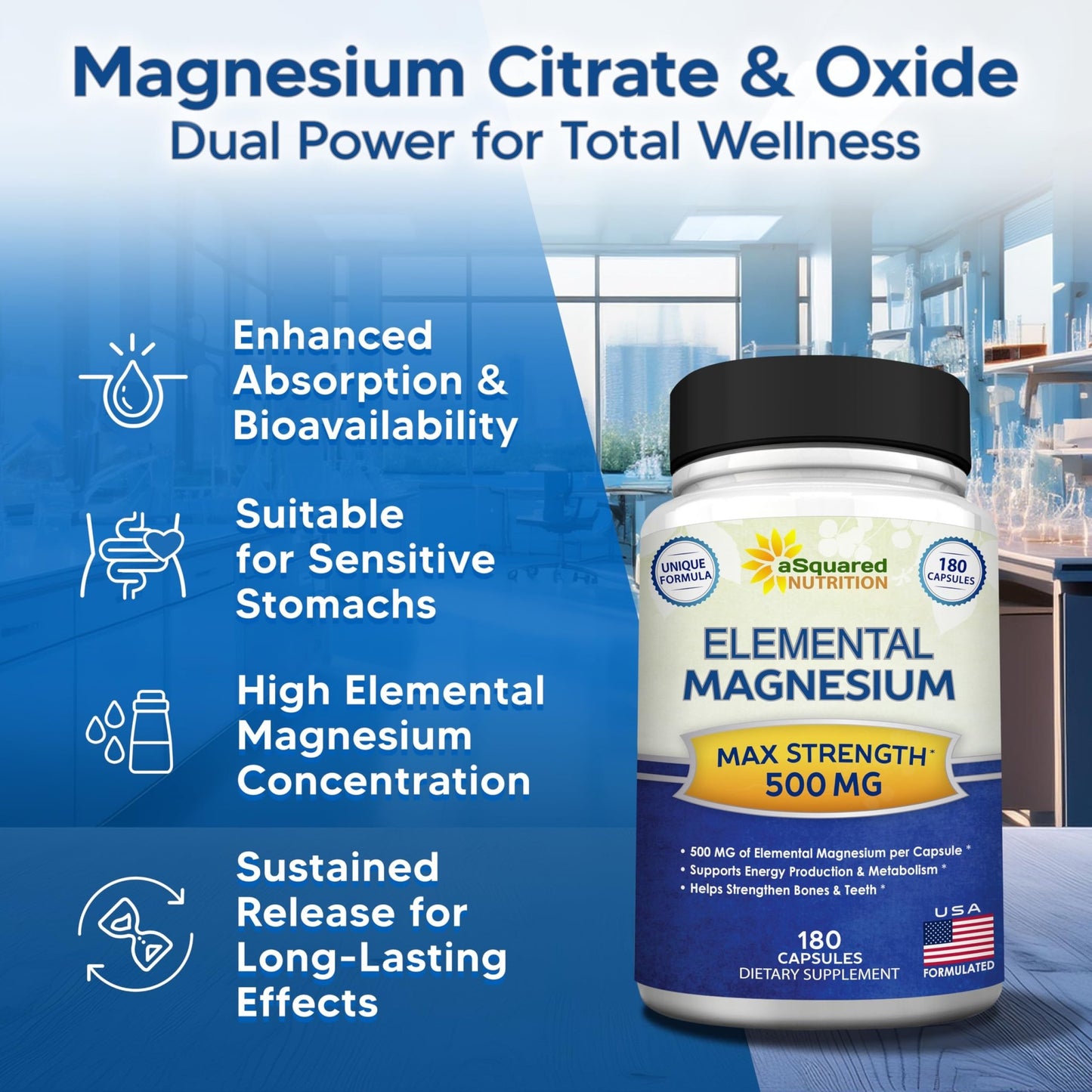 aSquared Nutrition Proprietary Magnesium 500mg – High Absorption Magnesium Citrate & Oxide – 180 Veggie Capsules, 180 Day Supply - dailyvitalstore