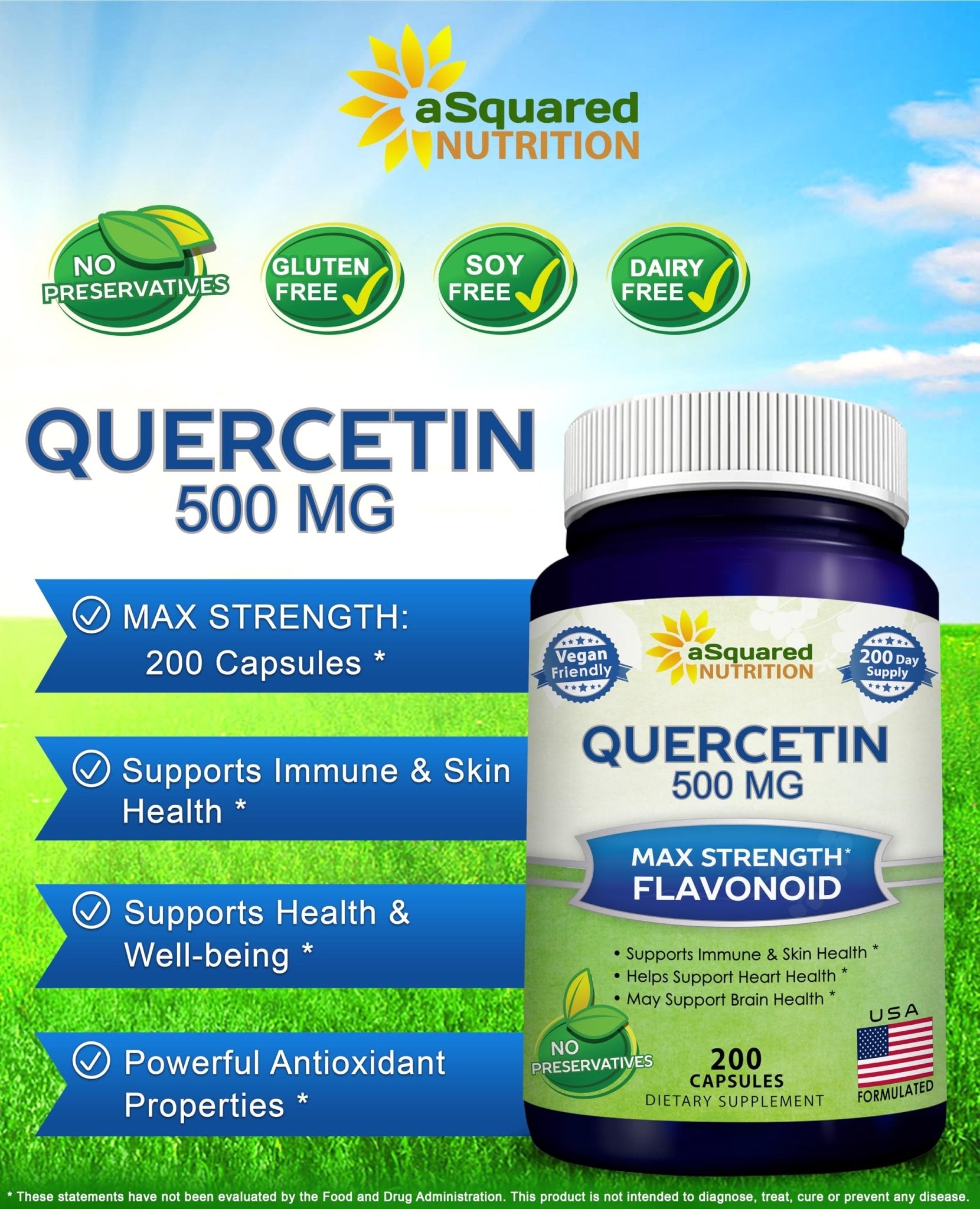 aSquared Nutrition Quercetin 500mg Supplement - 200 Capsules - Quercetin Dihydrate to Support Cardiovascular Health - Max Strength Powder Complex - dailyvitalstore