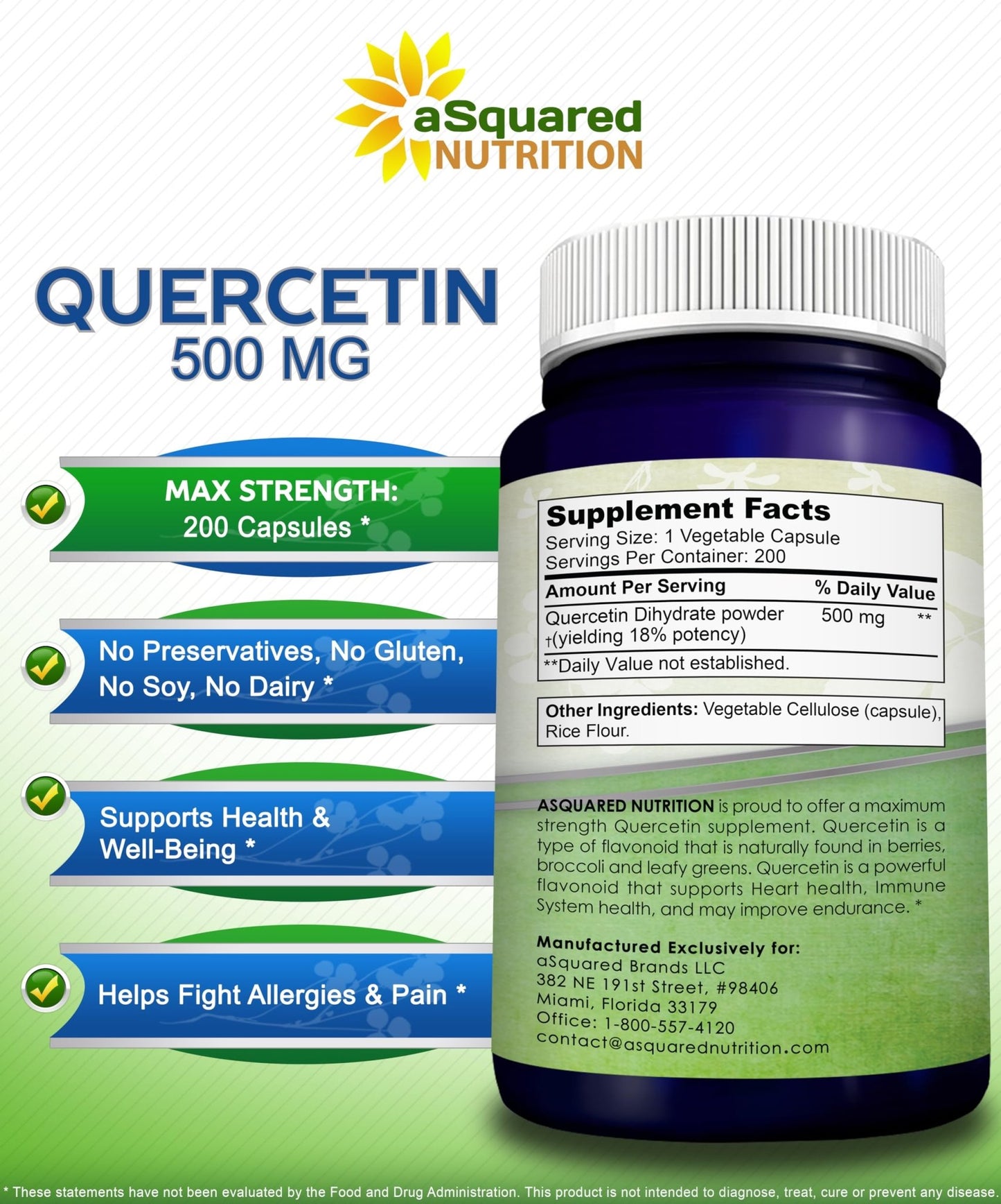 aSquared Nutrition Quercetin 500mg Supplement - 200 Capsules - Quercetin Dihydrate to Support Cardiovascular Health - Max Strength Powder Complex - dailyvitalstore