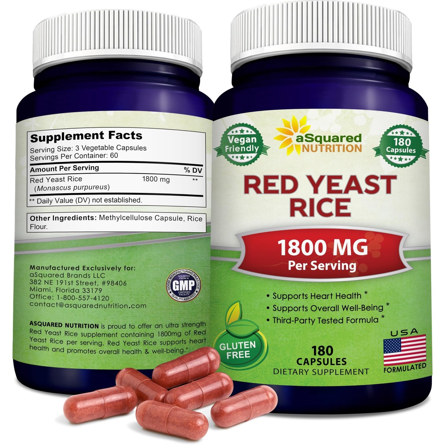 aSquared Nutrition Red Yeast Rice 1800mg - Dietary Supplement Vegan Powder Pills to Support Cardiovascular Health - 180 Veggie Capsules - dailyvitalstore